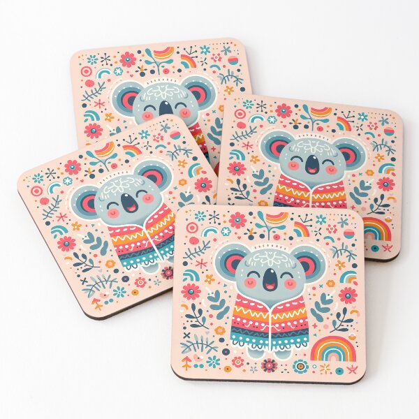 Item preview, Cute Laughing Koala in a Rainbow Blanket - Scandinavian Folk Art by heidiannemorris © designed and sold by FOLK ART FUSION by heidiannemorris.