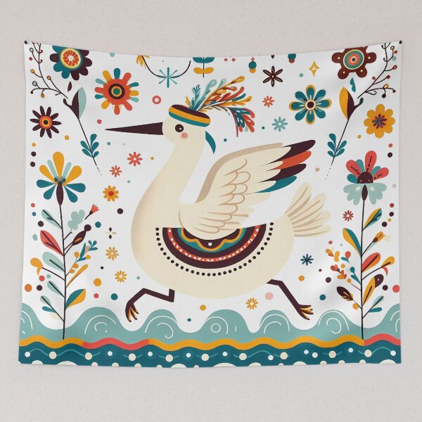 Item preview, Cute Heron running in a Hat - Scandinavian Folk Art by heidiannemorris © designed and sold by FOLK ART FUSION by heidiannemorris.