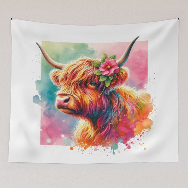 Item preview, Pretty Scottish Highland Cow with Flower Colorful Watercolor designed and sold by MaedK.