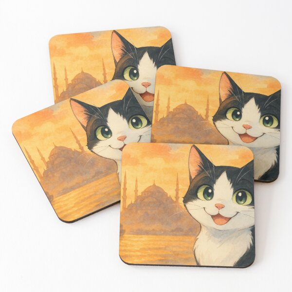 Item preview, Smiling Tuxedo Cat in Sunset Istanbul – Watercolor Anime Art designed and sold by Pacika.