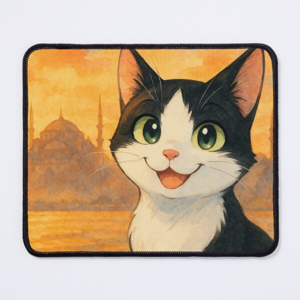 Item preview, Smiling Tuxedo Cat in Sunset Istanbul – Watercolor Anime Art designed and sold by Pacika.