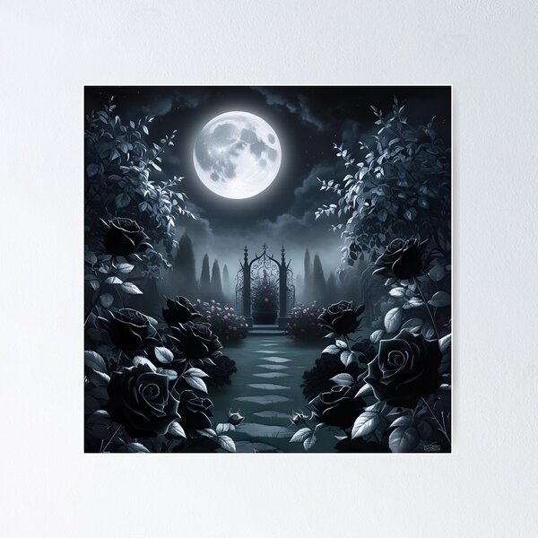 Item preview, Enchanted gothic garden under the full moon with black roses, mystical fog, and Victorian architecture. designed and sold by karina360.
