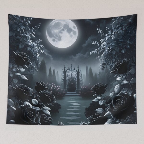 Item preview, Enchanted gothic garden under the full moon with black roses, mystical fog, and Victorian architecture. designed and sold by Karina Creative Studio.
