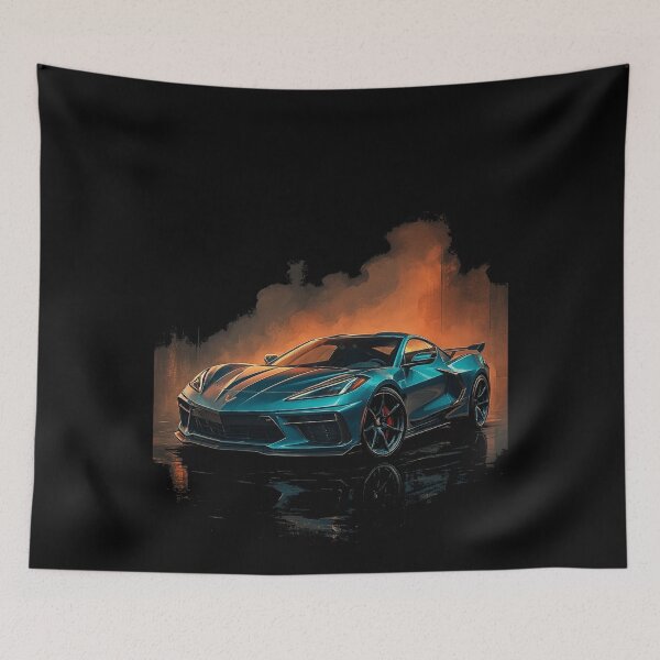 Item preview, C8 Corvette Stingray in Blue with Fiery Backdrop designed and sold by TheArtOfCar.