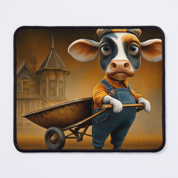 Item preview, Anthropomorphic cow with wheelbarrow by an old house designed and sold by Artessie.