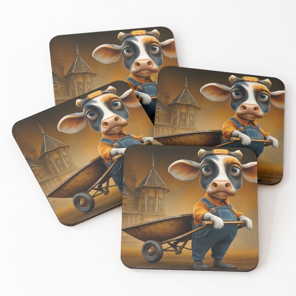 Item preview, Anthropomorphic cow with wheelbarrow by an old house designed and sold by Artessie.