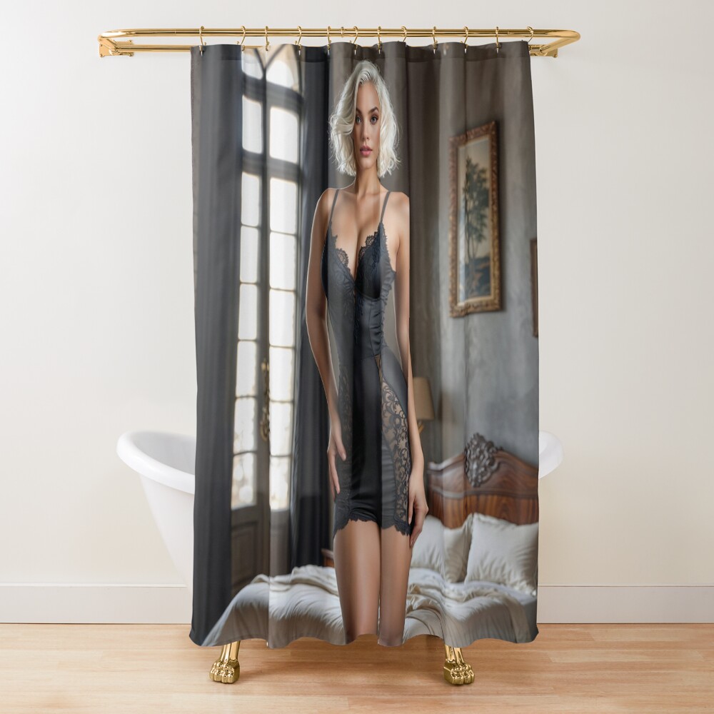 An Intimate Portrait Of A Woman In Black Lace Lingerie AI Concept Art by Xzendor7 | The Captivating Allure Of Elegance 3 An Intimate Portrait Of A Woman In Black Lace Lingerie Elegant AI Concept Art by Xzendor7 Decorative Art Print Shower Curtain