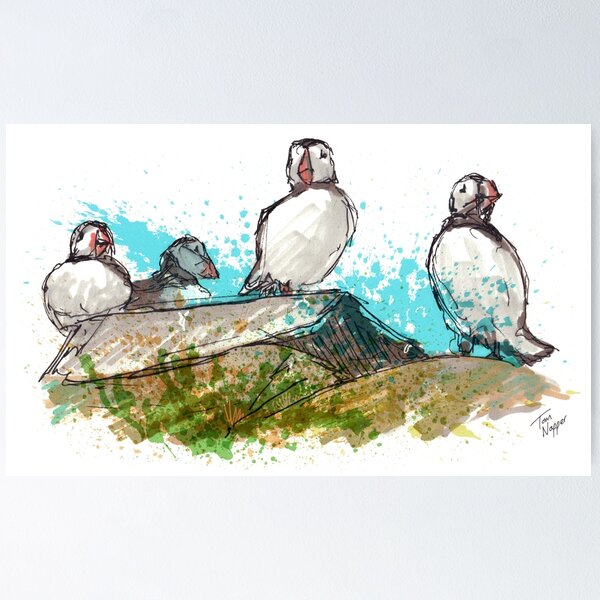 Item preview, Puffins on rock - Splatter Painting designed and sold by Tom Napper Design.