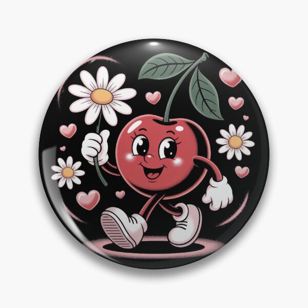 Item preview, Cherry Delight Mascot T-Shirt – Retro Cherry Character with Daisy & Hearts on Black designed and sold by JOY STORE 45.