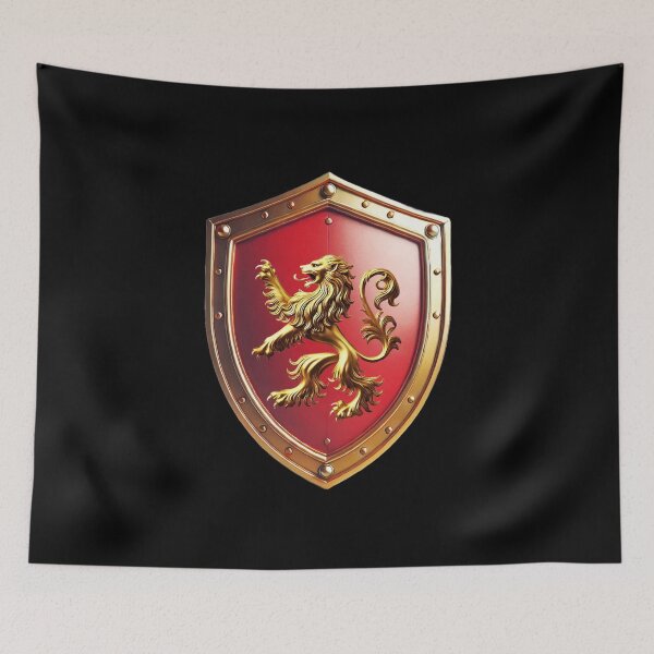 Item preview, Morris Shield  Golden Lion Pride on Fiery Red Background designed and sold by Highlandkings.