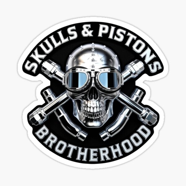 Item preview, Skulls & Pistons Brotherhood – Chrome Biker Skull Emblem designed and sold by Drawevo.