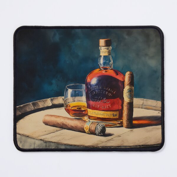 Item preview, Bourbon Bottle and Whiskey Glass on Wooden Barrel - Refined Indulgence with Warm Rich Lighting designed and sold by OlfactoART Studio.