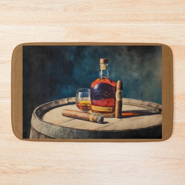 Item preview, Bourbon Bottle and Whiskey Glass on Wooden Barrel - Refined Indulgence with Warm Rich Lighting designed and sold by OlfactoART Studio.