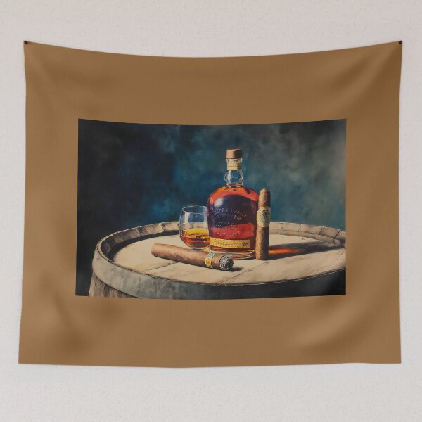 Item preview, Bourbon Bottle and Whiskey Glass on Wooden Barrel - Refined Indulgence with Warm Rich Lighting designed and sold by OlfactoART Studio.