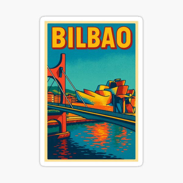 Vista previa del artículo con la obra «Póster de viaje retro de arte pop de Bilbao | Diseño colorido de paisaje urbano vintage | Ilustración icónica de la arquitectura vasca | Arte urbano nostálgico | Obras de arte viajeras con un toque gráfico impactante», diseñado y vendido por PaintedPixels01.