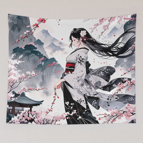 Item preview, a japanese woman wearing kimono walking  through cherryblossoms forest designed and sold by optimusprime39.