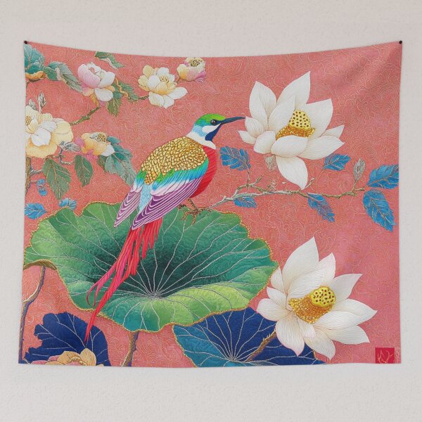 Item preview, Chinese Silk Floral Bright Corolful Embroidery Bird Carpet designed and sold by GrinGalore.