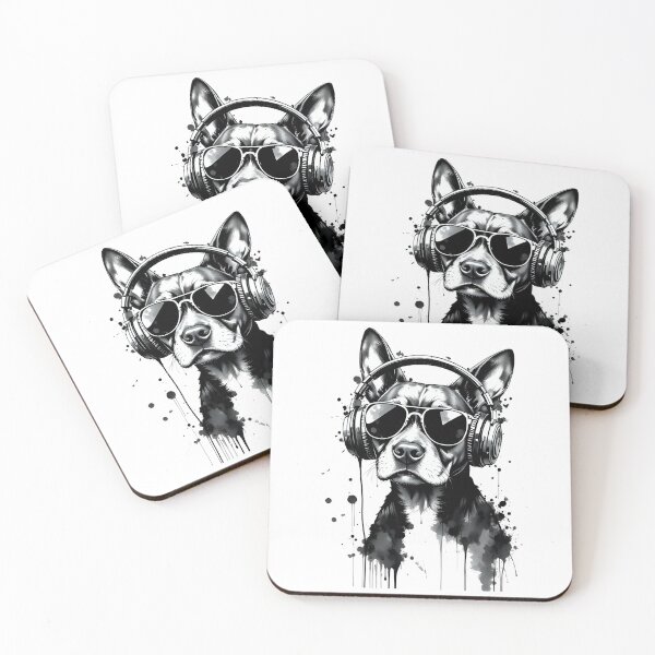 Item preview, Cool Dog with Headphones and Sunglasses - Cute Pets Black and white ink style fluid drips splashes designed and sold by LumiAnCreations.