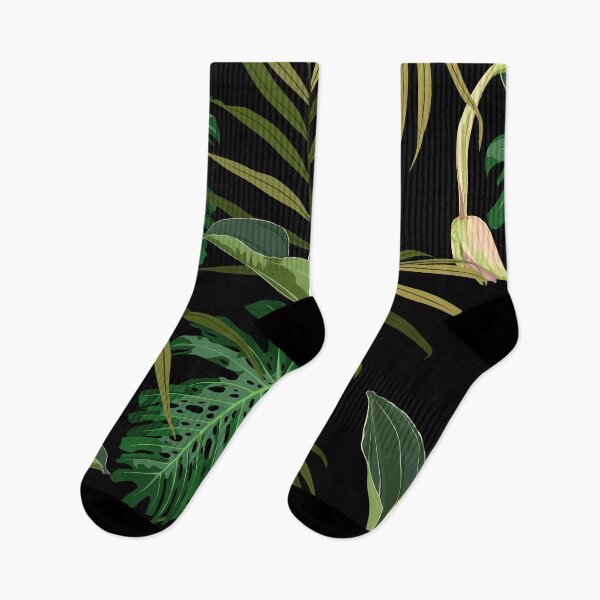 Artikelvorschau, Tropisches, nahtloses Muster mit vielen Arten exotischer Palmblätter und Medinilla-Blüten auf schwarzem Hintergrund. entworfen und verkauft von MatyKotiv.