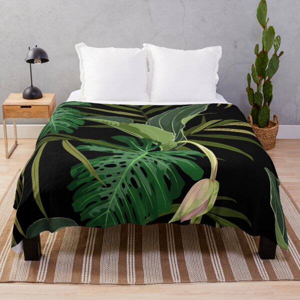 Item preview, Tropical seamless pattern with many kind of exotic palm leaves and Medinilla flower on black background. designed and sold by MatyKotiv.