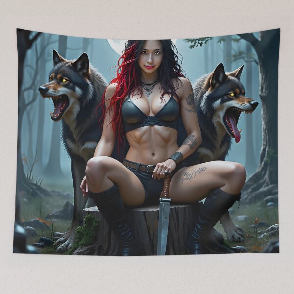 Item preview, Beautiful Girl Hunting with Her Two Wolves on a Moonlit Night designed and sold by Huskyyy Designs.