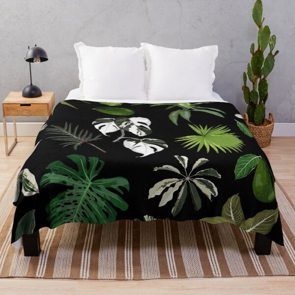 Item preview, Seamless pattern with traditional home plant leaves, monstera, palm.  Tropical texture on black bckground. designed and sold by MatyKotiv.