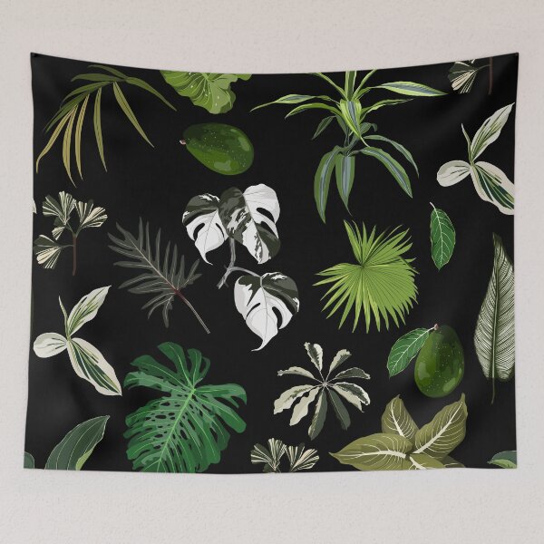 Item preview, Seamless pattern with traditional home plant leaves, monstera, palm.  Tropical texture on black bckground. designed and sold by MatyKotiv.