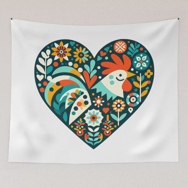 Item preview, Cute Rooster Portrait in Heart - Scandinavian Folk Art by heidiannemorris © designed and sold by FOLK ART FUSION by heidiannemorris.