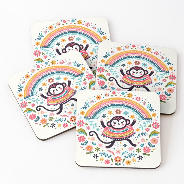 Item preview, Cute Monkey in a Rainbow Poncho - Scandinavian Folk Art by heidiannemorris © designed and sold by FOLK ART FUSION by heidiannemorris.