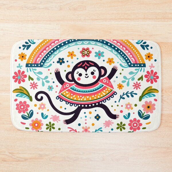 Item preview, Cute Monkey in a Rainbow Poncho - Scandinavian Folk Art by heidiannemorris © designed and sold by FOLK ART FUSION by heidiannemorris.