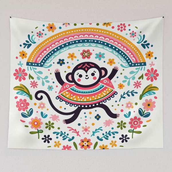 Item preview, Cute Monkey in a Rainbow Poncho - Scandinavian Folk Art by heidiannemorris © designed and sold by FOLK ART FUSION by heidiannemorris.