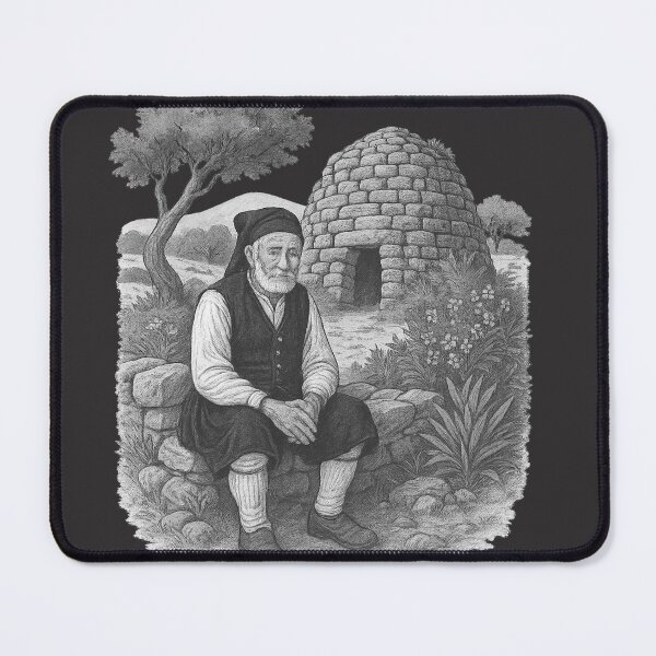 Item preview, Elderly Man in Traditional Sardinian Attire – Nuraghe and Sardinian Landscape designed and sold by SaRobbiA.
