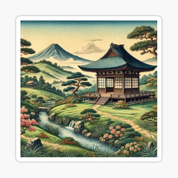 Item preview, Tranquil Garden Pavilion and Flowing Stream - Japanese Landscape Art designed and sold by Enoki design.
