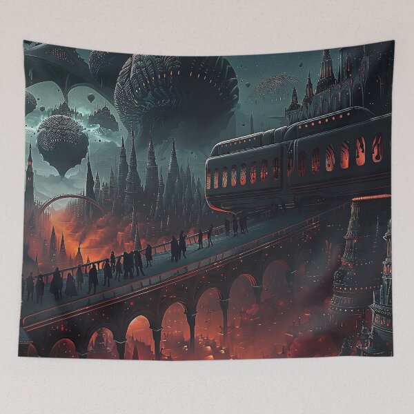 Item preview, This 3D rendered wide-angle shot offers a captivating view of a bustling futuristic city center. designed and sold by CheerForGoods.