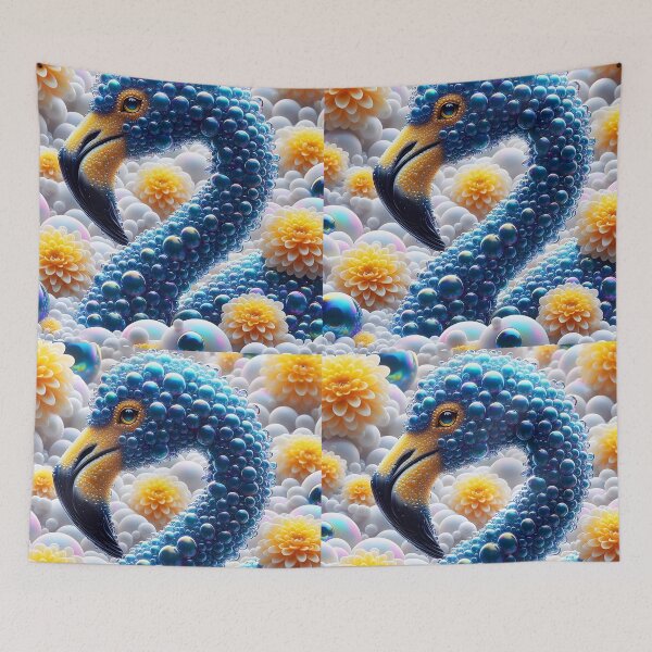 Item preview, Blue Bubble Flamingo with Soft White & Yellow Florals – Dreamy Digital Art designed and sold by EmeraldeaArt.