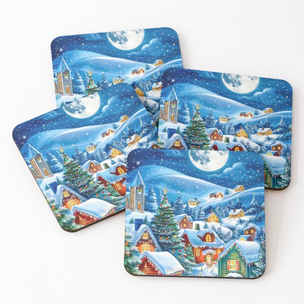Item preview, Snowy Mountain Town at Night Painting designed and sold by MargaretWiktor.