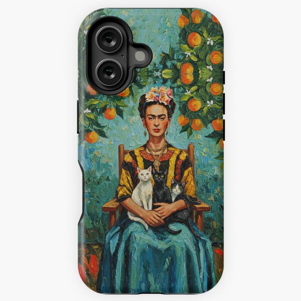 Vista previa del artículo con la obra «Pintura al óleo - Frida Kahlo naranjo y gato», diseñado y vendido por TeeARTHY.