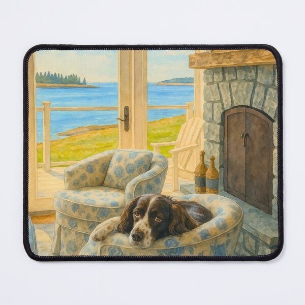 Item preview, Cozy Coastal Cottage Dog Art – Serene Lakeview Room Decor designed and sold by BeaconMarketing.