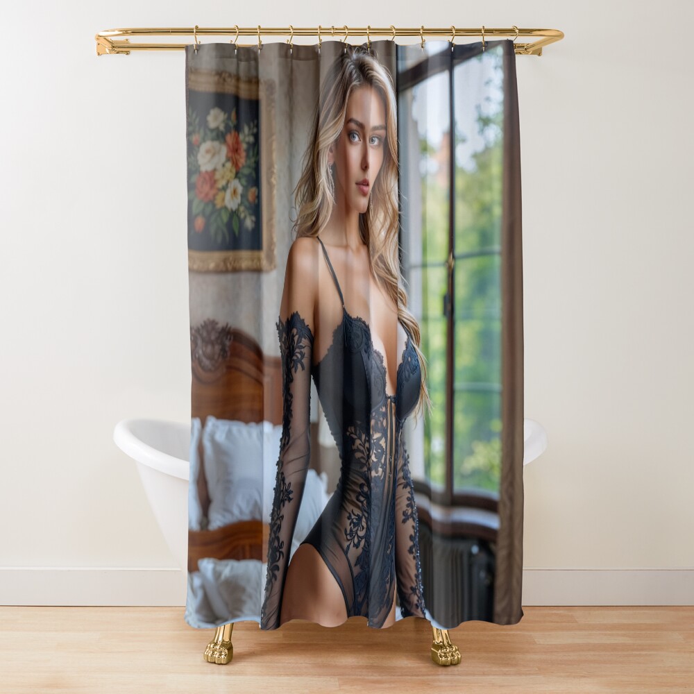 A Sensual Portrait Of Alina Lorenthia In Delicate Lace Lingerie AI Concept Art by Xzendor7 3 A Sensual Portrait Of Alina Lorenthia In Delicate Lace Lingerie Evocative AI Concept Art by Xzendor7 Decorative Art Print Shower Curtain
