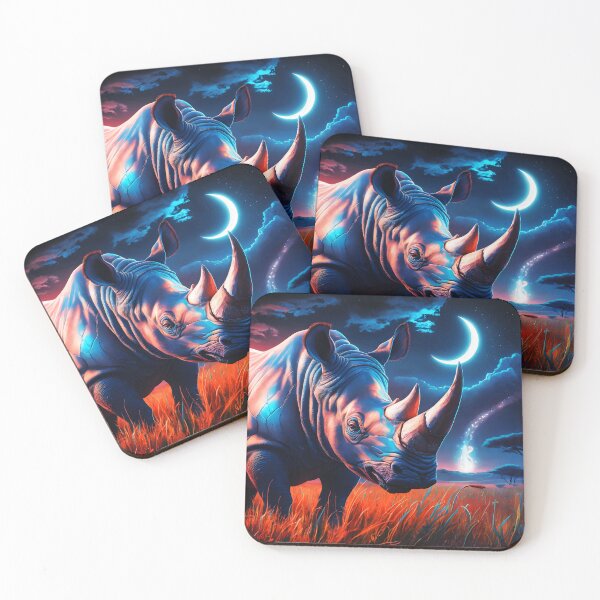 Item preview, Rhinoceros on the Savannah Night – Fantasy Animal Portrait designed and sold by EmeraldeaArt.