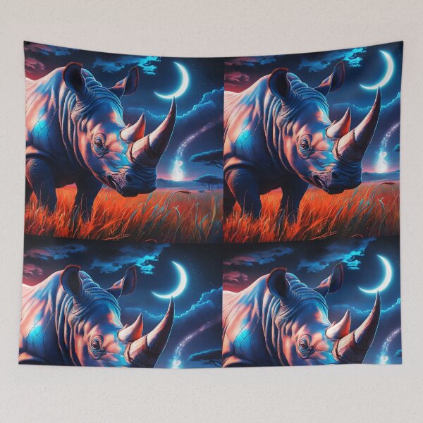 Item preview, Rhinoceros on the Savannah Night – Fantasy Animal Portrait designed and sold by EmeraldeaArt.