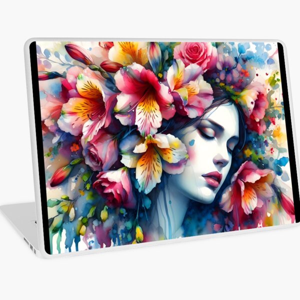Item preview, Femme aux cheveux frisés et aux motifs floraux dans un style aquarelle éclatant designed and sold by EmeraldeaArt.