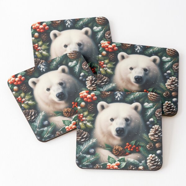 Item preview, White Bear Portrait with Pinecones Fir Twigs and Winter Frost designed and sold by EmeraldeaArt.