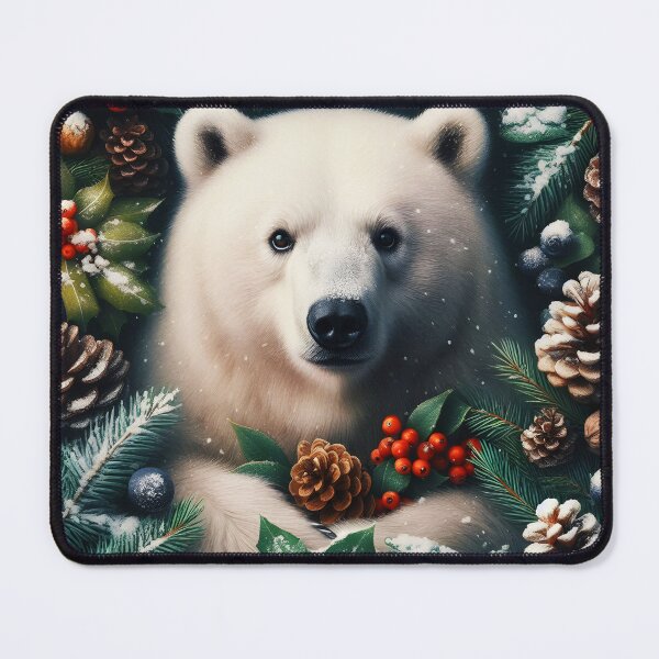 Item preview, White Bear Portrait with Pinecones Fir Twigs and Winter Frost designed and sold by EmeraldeaArt.