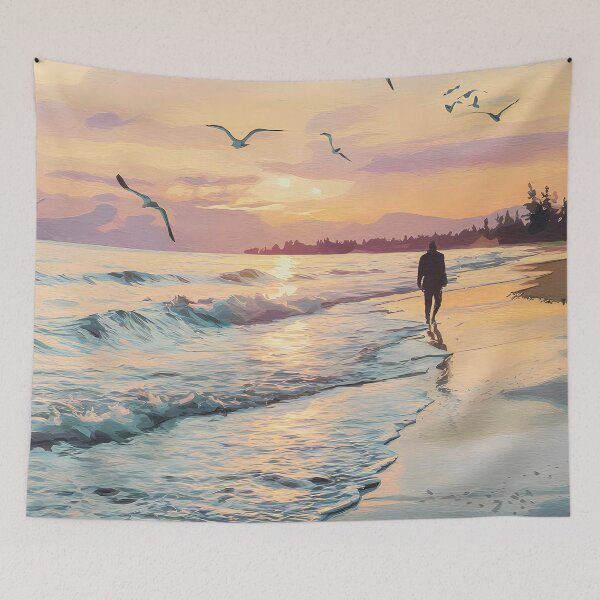 Item preview, Sunset Beach Walk Art Print - Serene Ocean Scene with Seagulls for Coastal Home Decor designed and sold by pnidesign.