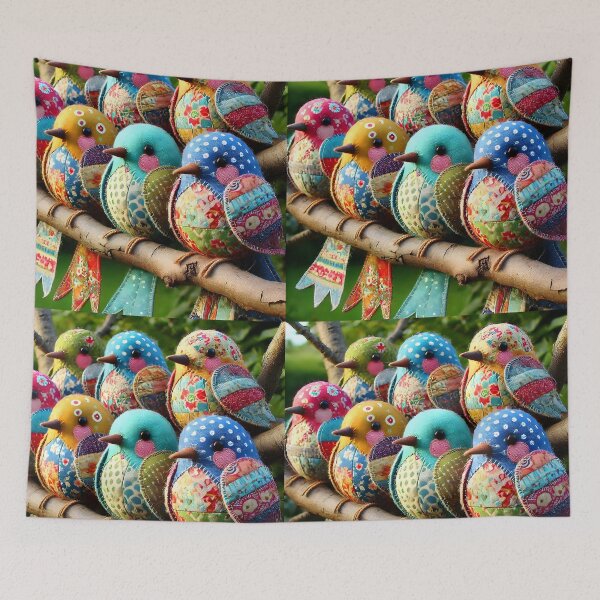 Item preview, Charming Patchwork Birds Sitting Together on a Branch designed and sold by EmeraldeaArt.