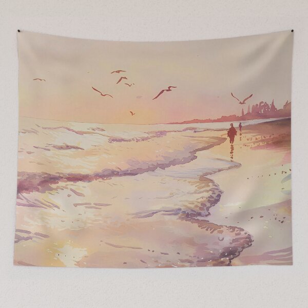 Item preview, Sunset Beach Walk Art Print - Serene Ocean Scene with Seagulls for Coastal Home Decor designed and sold by pnidesign.