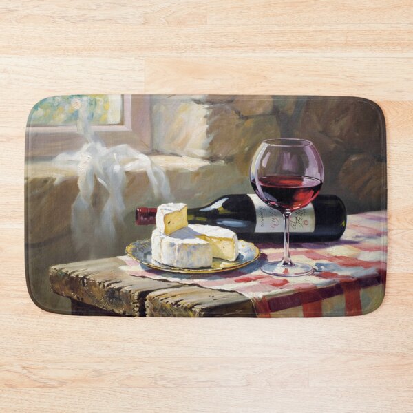 Item preview, Rustic French Still Life | Wine, Brie, and Red Gingham Table in Stone Cottage designed and sold by CARRAANN.