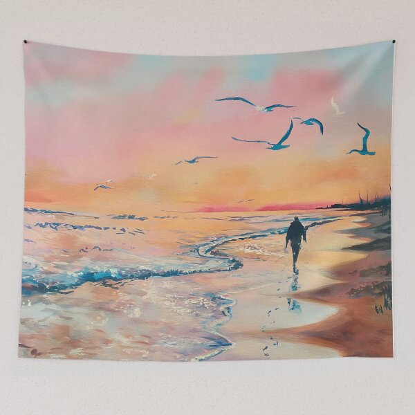 Item preview, Sunset Beach Walk Art Print - Serene Ocean Scene with Seagulls for Coastal Home Decor designed and sold by pnidesign.