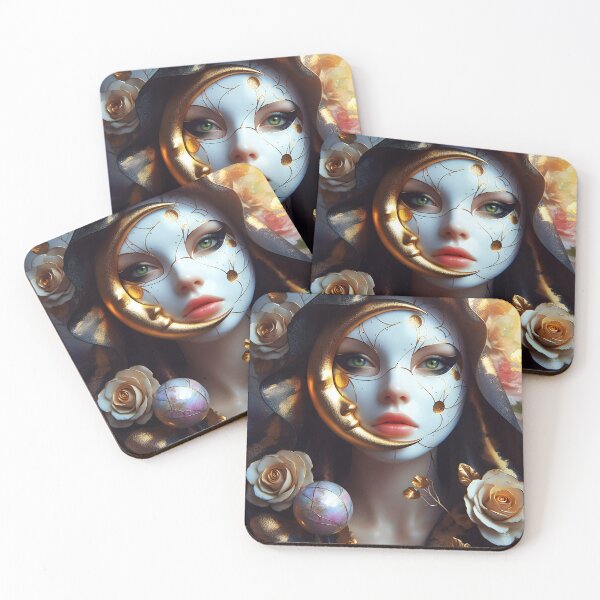 Item preview, Black Cape Woman with Golden Roses and Crescent Moon Face designed and sold by EmeraldeaArt.